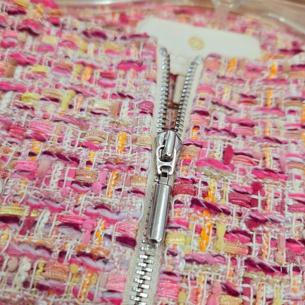 Etcetera Fringe Tweed Jacket Size 2 Zip Front Barbie Pink Tones Office old money - Picture 3 of 12